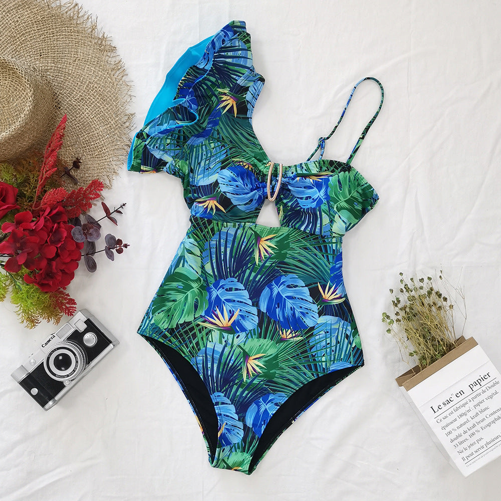 One-shoulder bodycon ruffled swimsuit