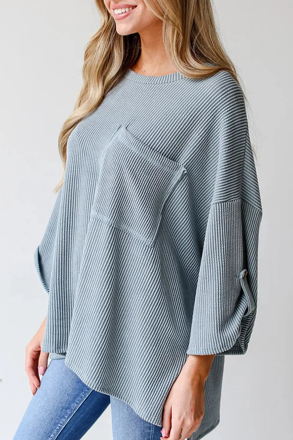 LG Pocket Crew Neck Button Down Long Sleeve Top