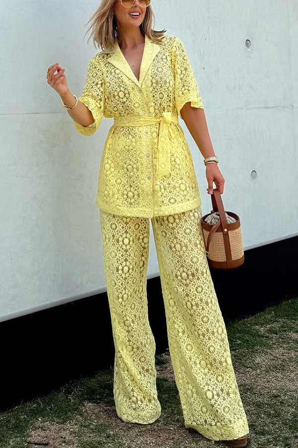 The Sun Shines Floral Lace Button Up Belted Lapel Loose Shirt