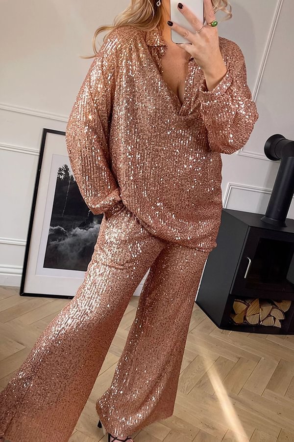 Party Energy Sequin Shirt Collar Loose Blouse