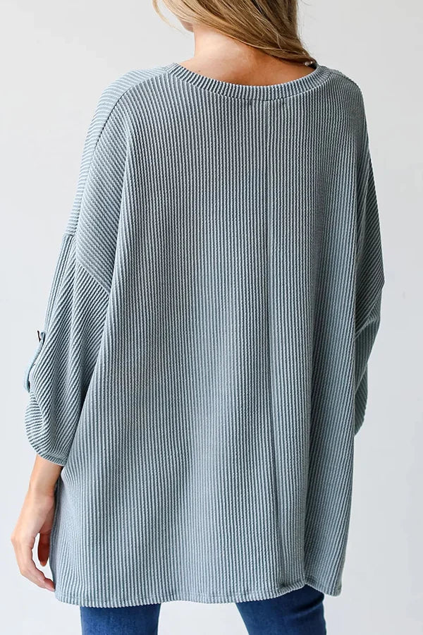 LG Pocket Crew Neck Button Down Long Sleeve Top