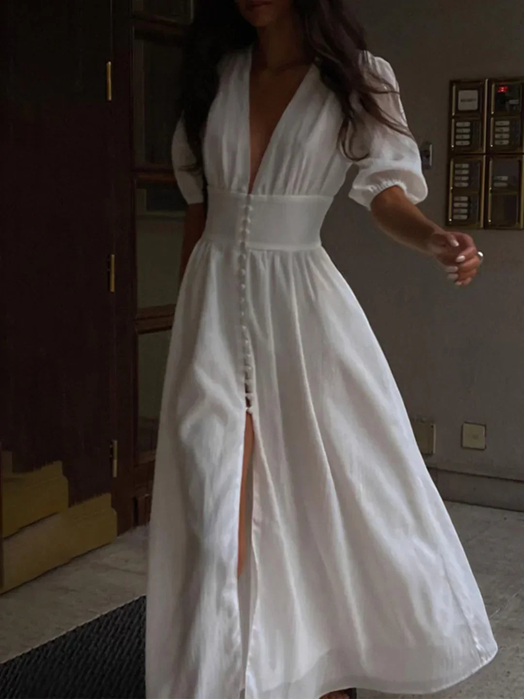 Anais | Puff-Sleeve Buttoned Maxi Dress with Slit