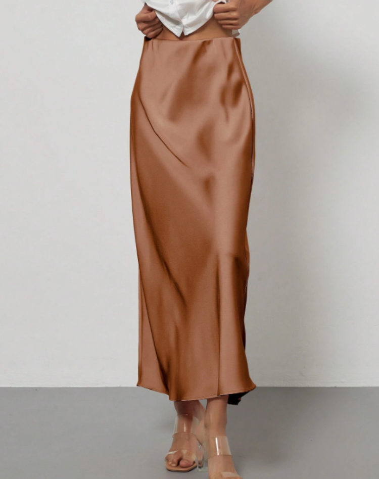 A-Line Satin Look Midi Skirt for Women with Slit and High Waist