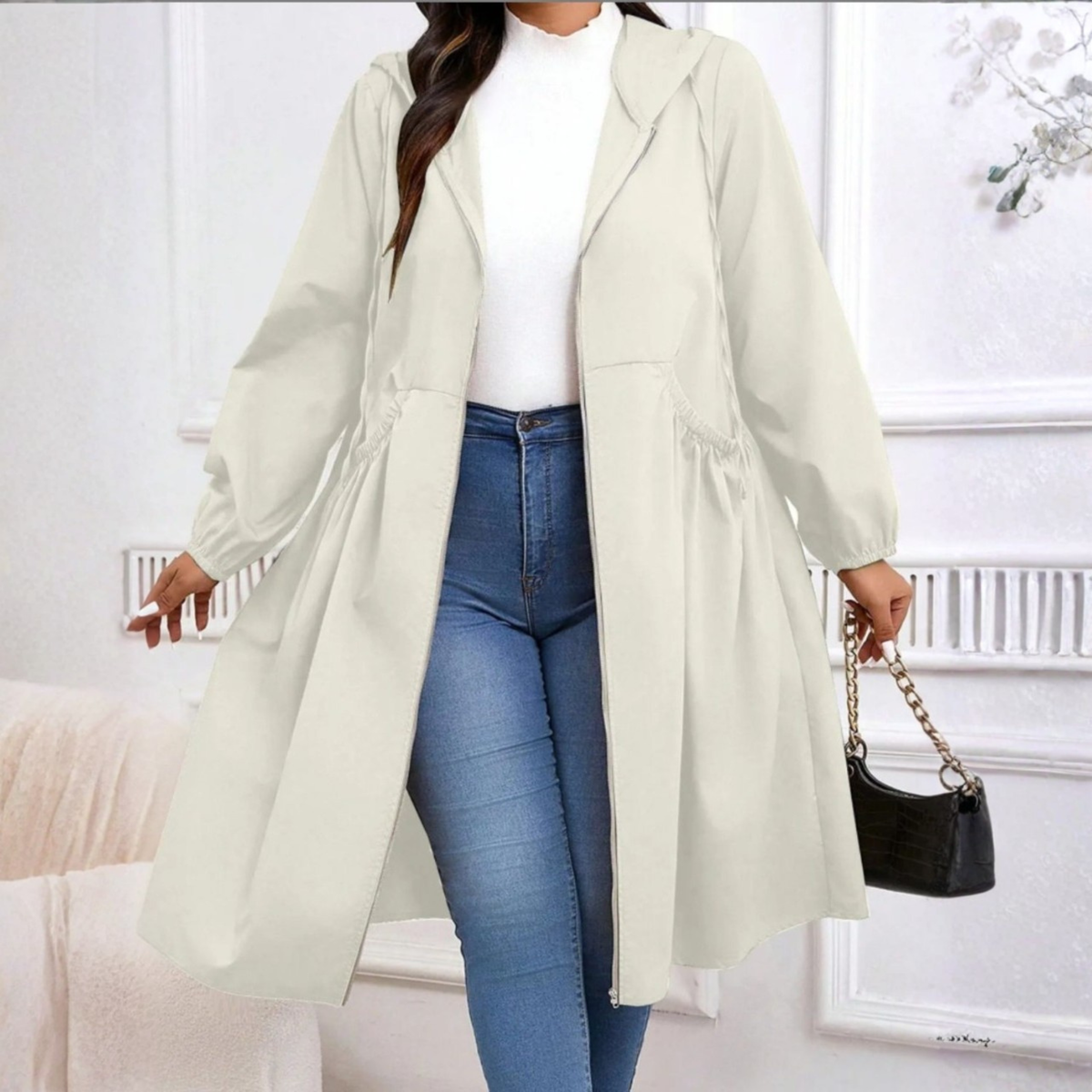 AVRILT - Plus Size Drawstring Zip-Up Long