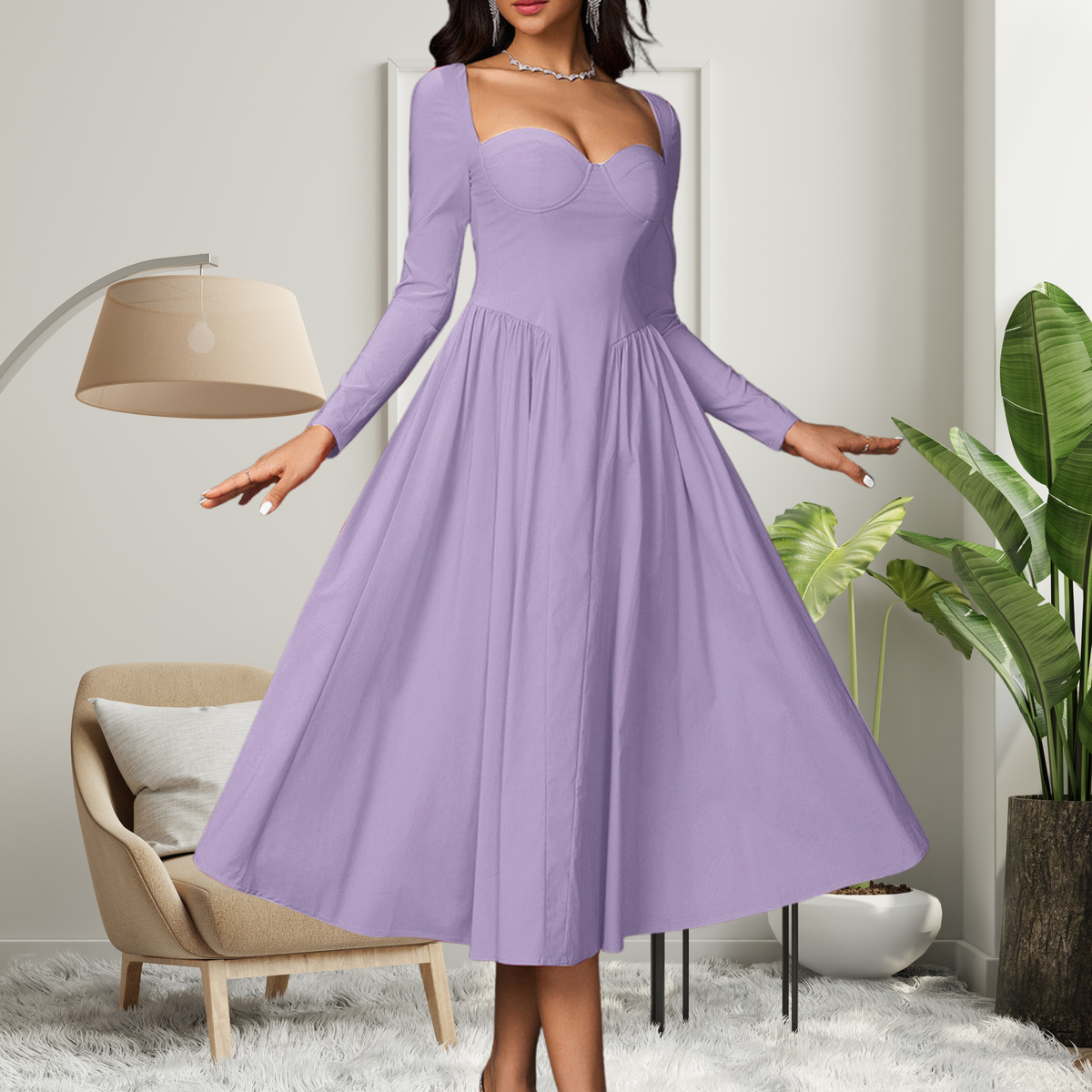 AKILAT - Heart Neckline Long Sleeve A-Line
