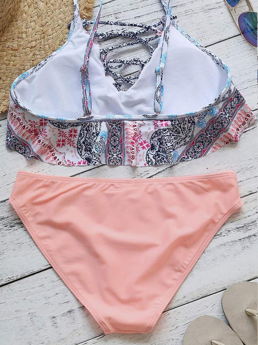 Skinny Floral Printed Two Pieces Swimsuit
