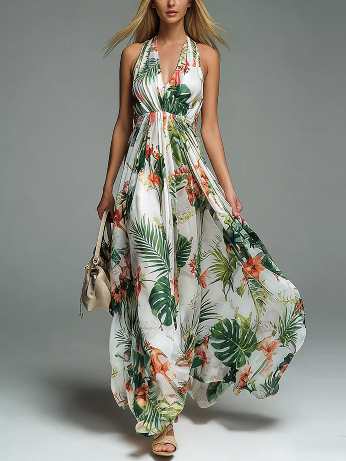 Printed Halter Neck Flowy Summer Dress