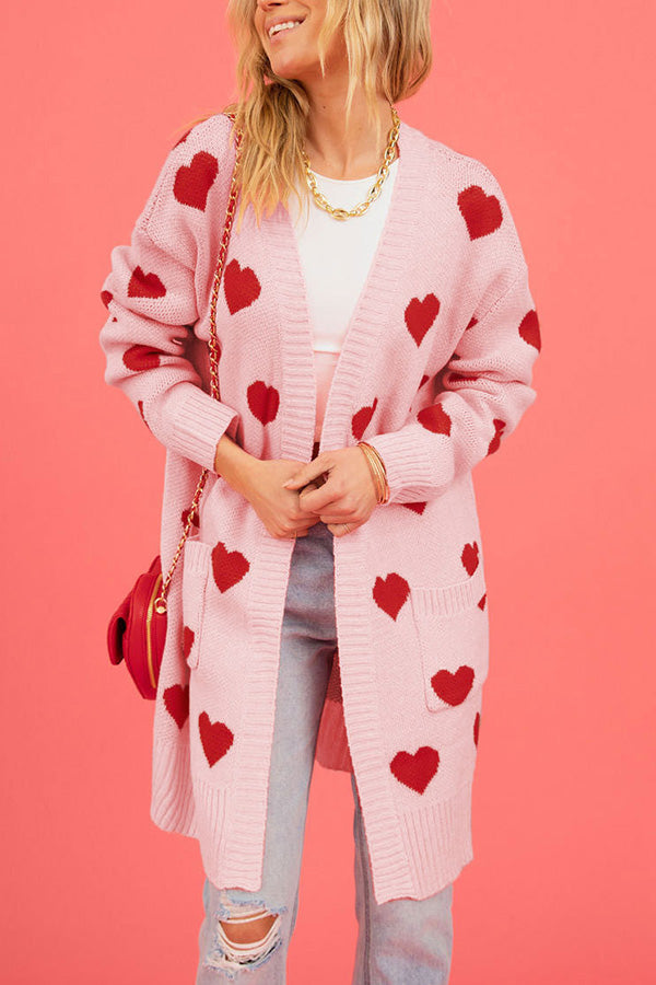 Love knitted cardigan Love pocket V-neck mid-length knitted cardigan