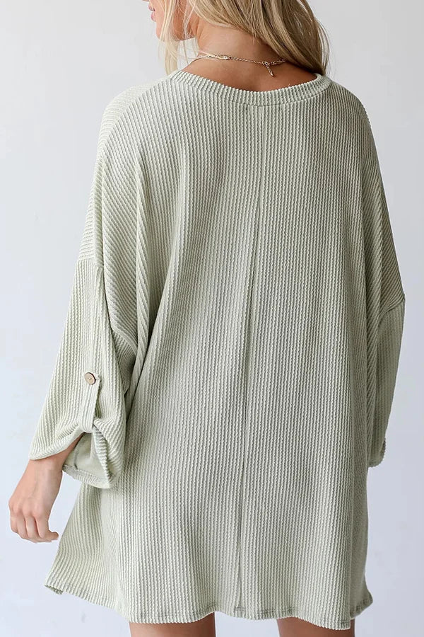LG Pocket Crew Neck Button Down Long Sleeve Top