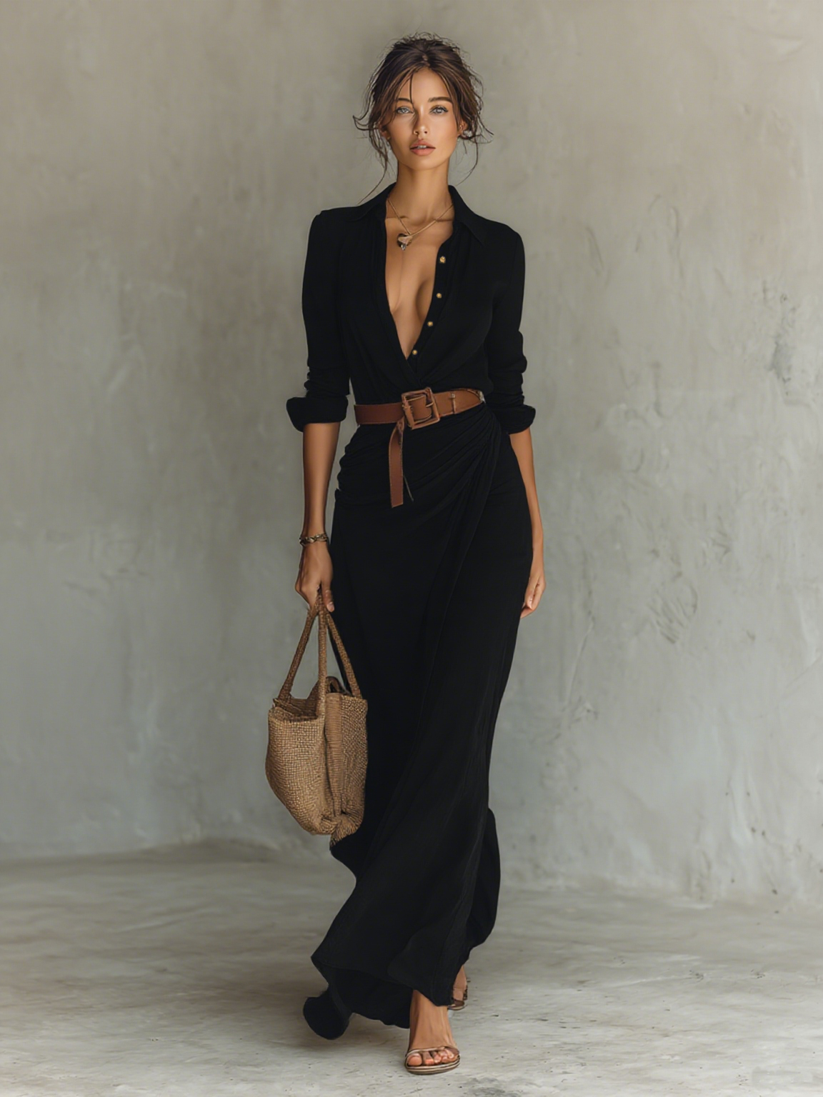 Ladies Lapel Single Breasted Long Sleeve Belted Maxi Dress