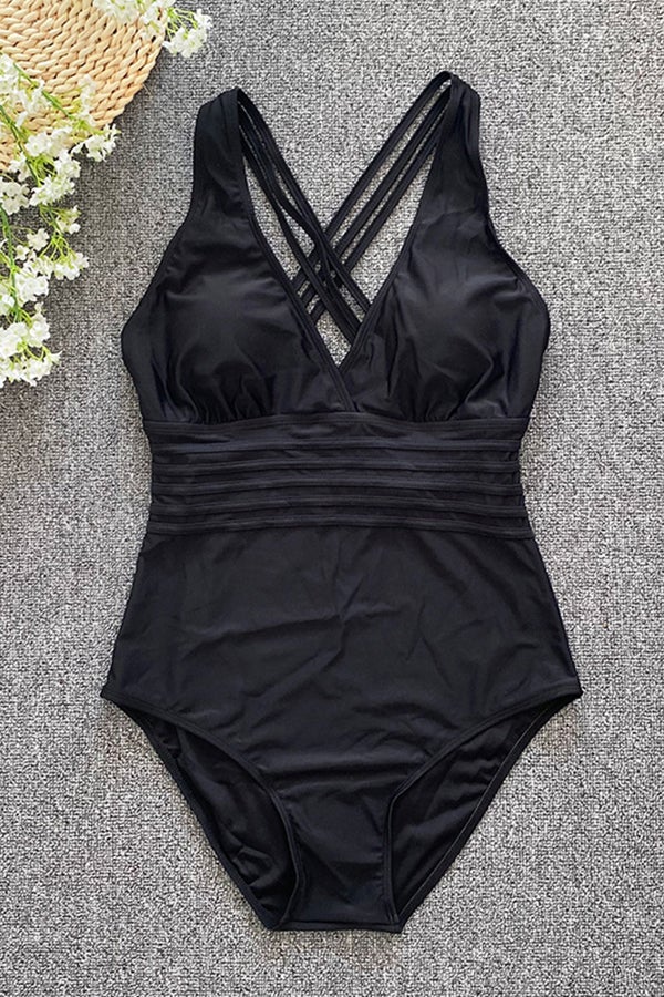 Solid Color Open Back Three-dimensional Striped One-piece Swimsuit