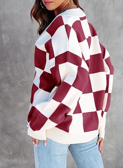 Casual loose checkerboard contrasting V-neck buttoned long-sleeved knitted cardigan