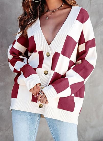 Casual loose checkerboard contrasting V-neck buttoned long-sleeved knitted cardigan
