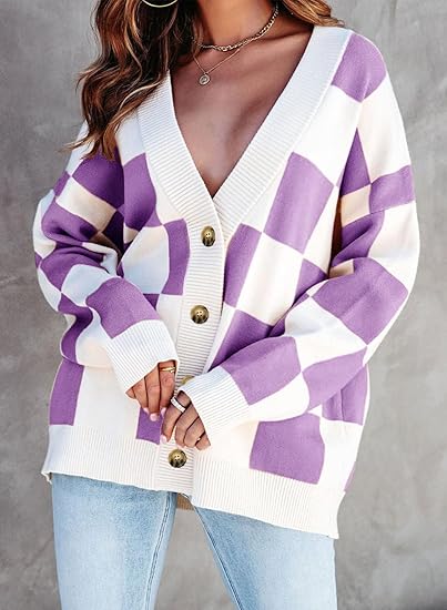 Casual loose checkerboard contrasting V-neck buttoned long-sleeved knitted cardigan