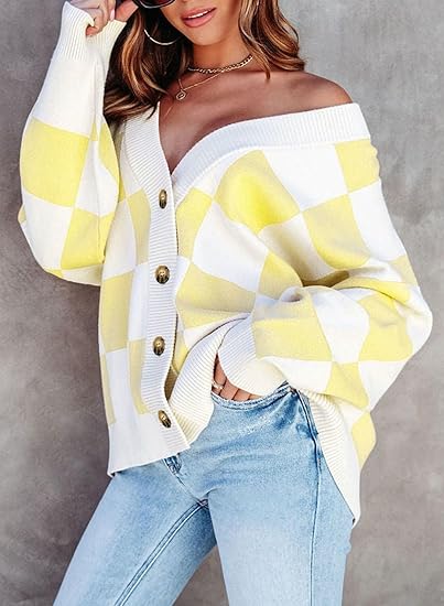 Casual loose checkerboard contrasting V-neck buttoned long-sleeved knitted cardigan
