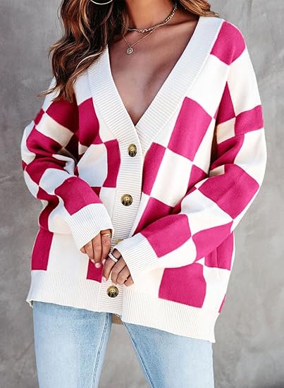 Casual loose checkerboard contrasting V-neck buttoned long-sleeved knitted cardigan