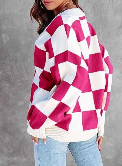 Casual loose checkerboard contrasting V-neck buttoned long-sleeved knitted cardigan
