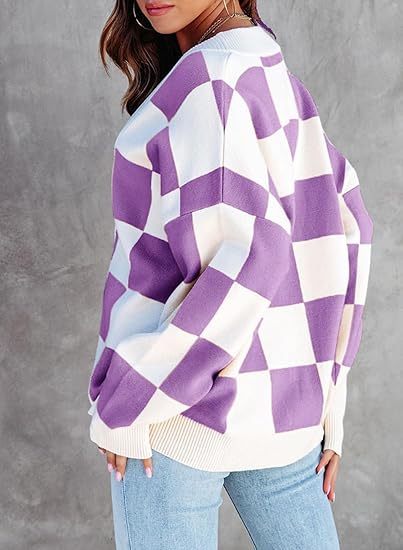 Casual loose checkerboard contrasting V-neck buttoned long-sleeved knitted cardigan