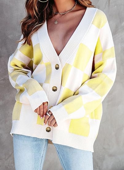 Casual loose checkerboard contrasting V-neck buttoned long-sleeved knitted cardigan