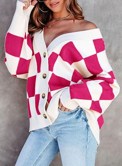 Casual loose checkerboard contrasting V-neck buttoned long-sleeved knitted cardigan