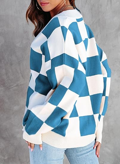 Casual loose checkerboard contrasting V-neck buttoned long-sleeved knitted cardigan