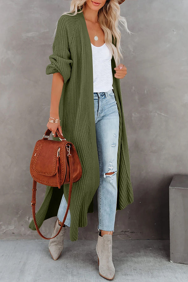 CINDY | Pickle Green Cable Knit Side Slits Open Front Duster Cardigan