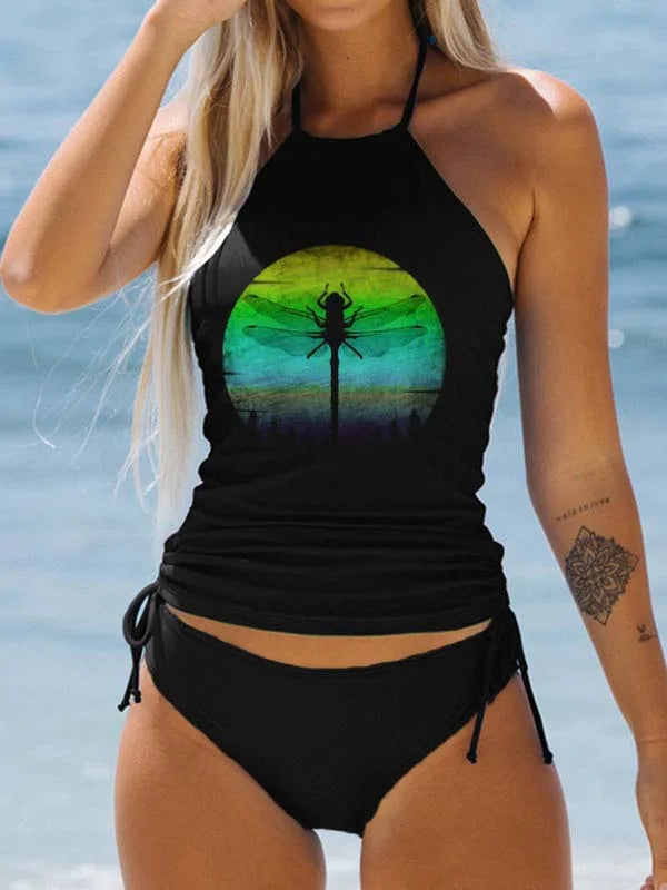 Dragonfly Vintage Sunset Print Two Piece Swimwear