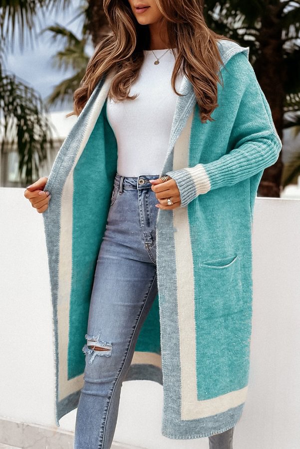 Gaze Colorblock Pocket Hooded Long Cardigan