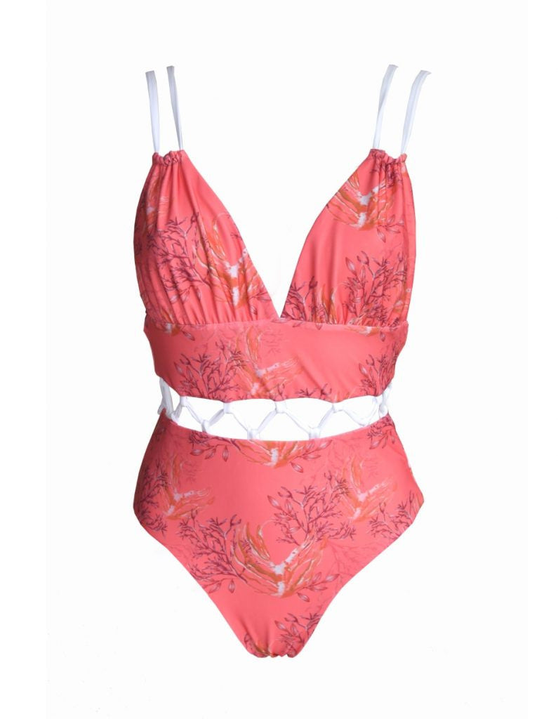 Women's Reversible Tropical Print One Piece Swimsuit a Four-piece
