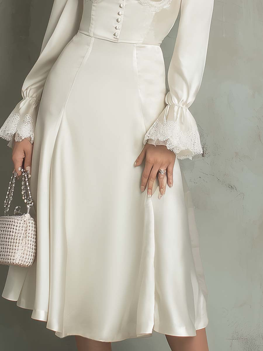 Vintage Lace Trim Polyester Satin Midi Dress