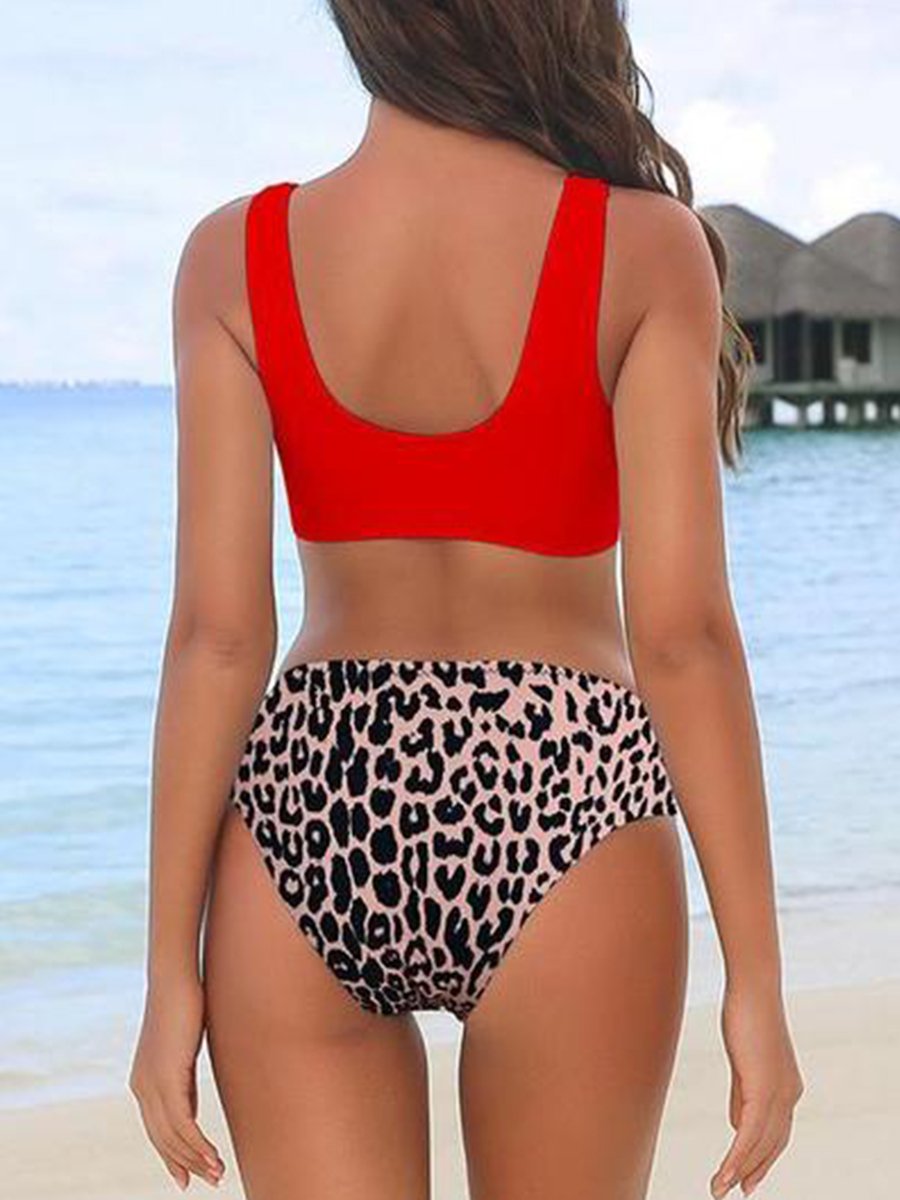 Leopard Floral Patchwork Zipper Bikini Set
