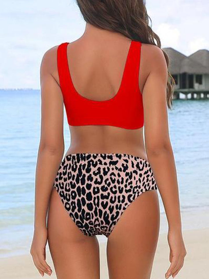 Leopard Floral Patchwork Zipper Bikini Set