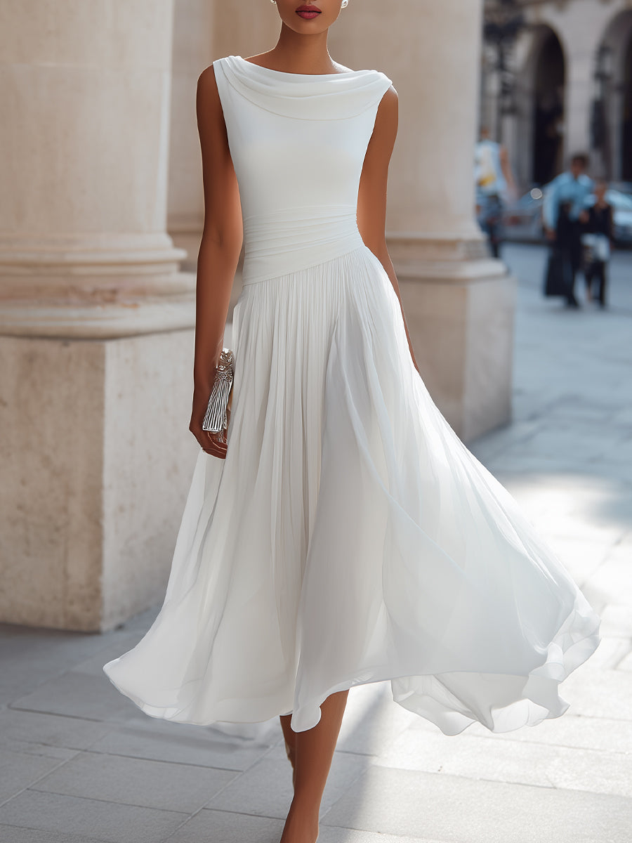 Sleeveless Pleated Midi Dress with Draped Neckline