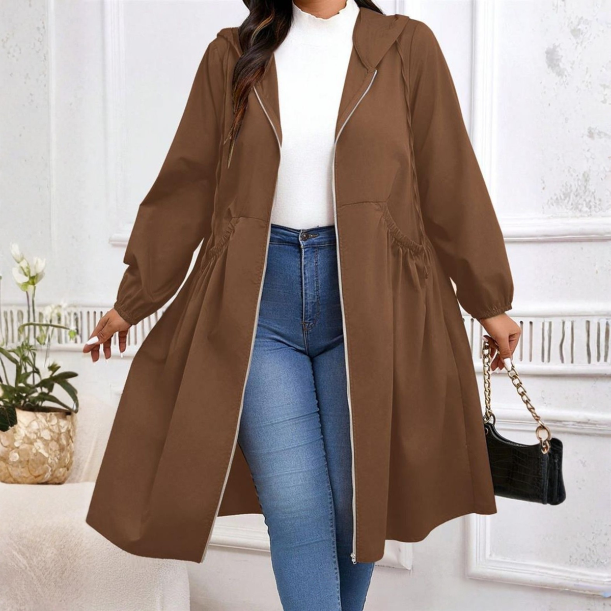 AVRILT - Plus Size Drawstring Zip-Up Long