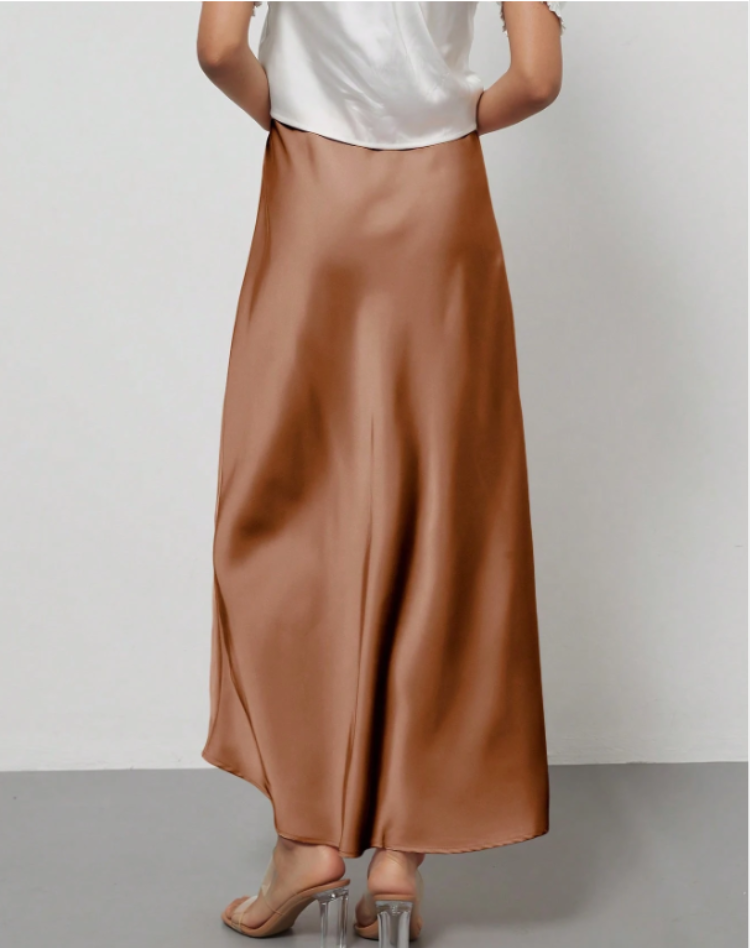 A-Line Satin Look Midi Skirt for Women with Slit and High Waist