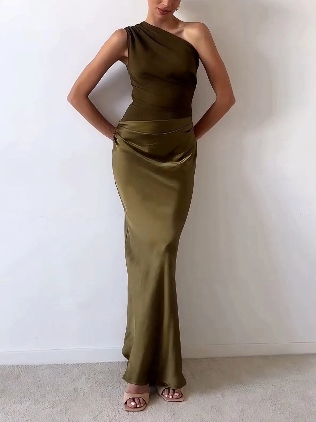 Laura | Elegant One-Shoulder Pleated Evening Maxi Dress