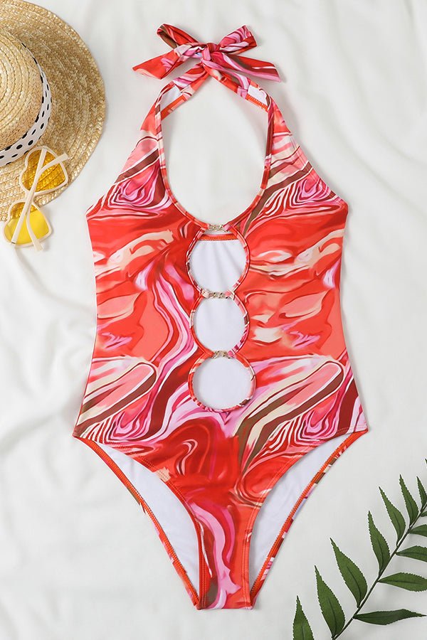 Ripple Print Cutout One Piece Swimsuit