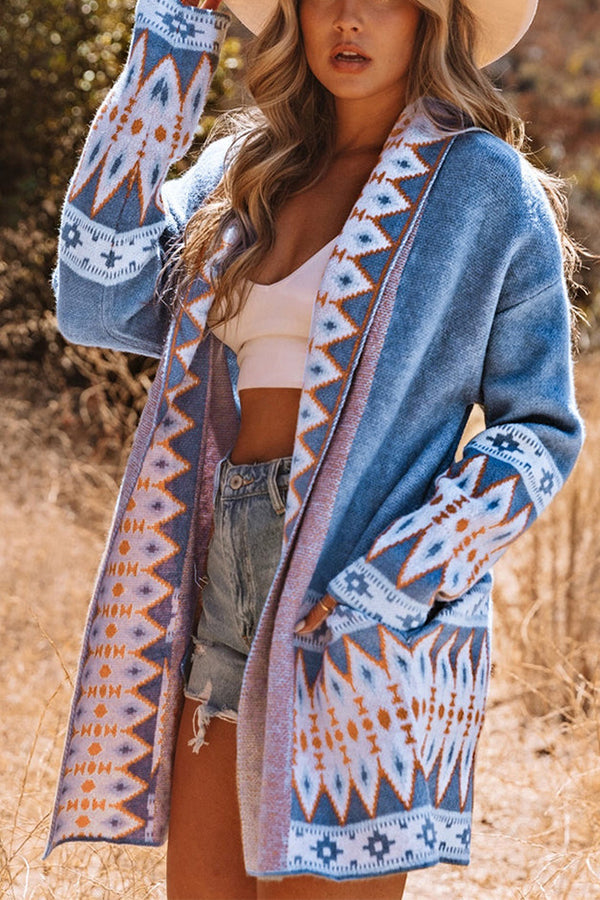 CELIN | Women's Sweaters Blue Aztec Print Open Front Knitted Cardigan