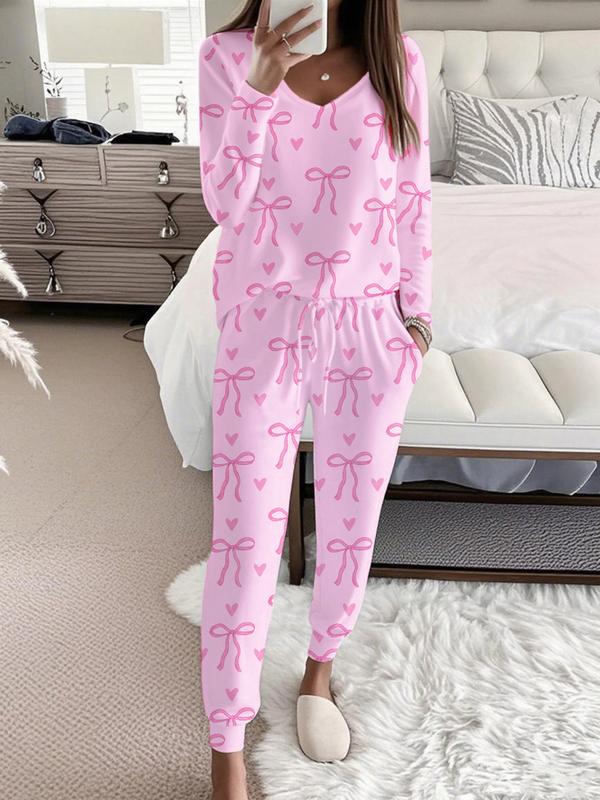 HALLIET - Bow Print V-Neck Long Sleeve