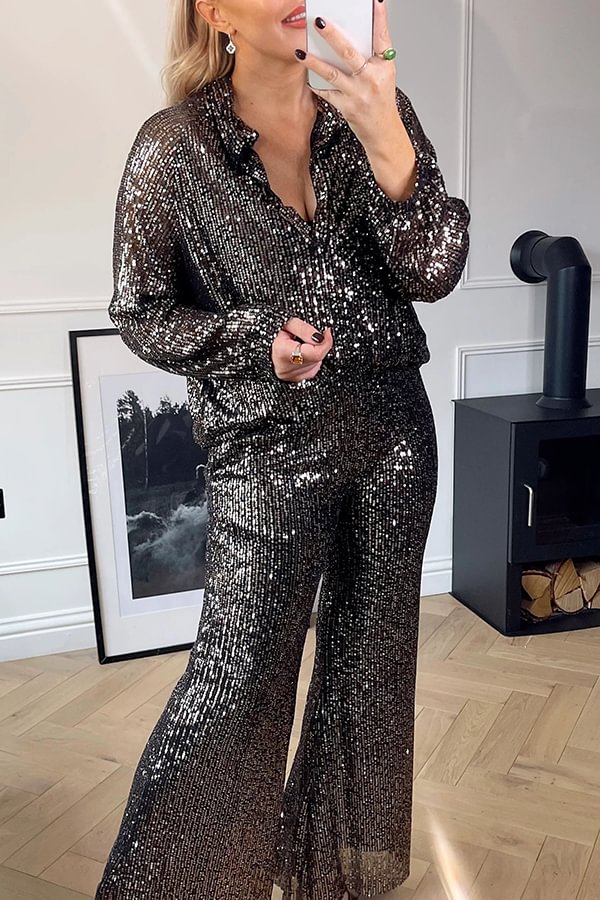 Party Energy Sequin Shirt Collar Loose Blouse