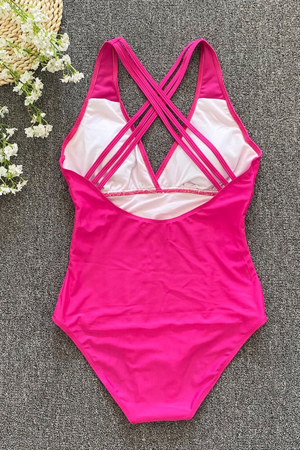 Solid Color Open Back Three-dimensional Striped One-piece Swimsuit