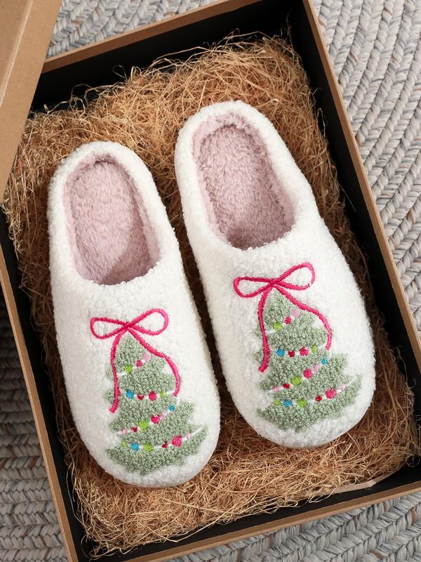 HOLLYT - Christmas Bowknot Embroidered Plush Slippers