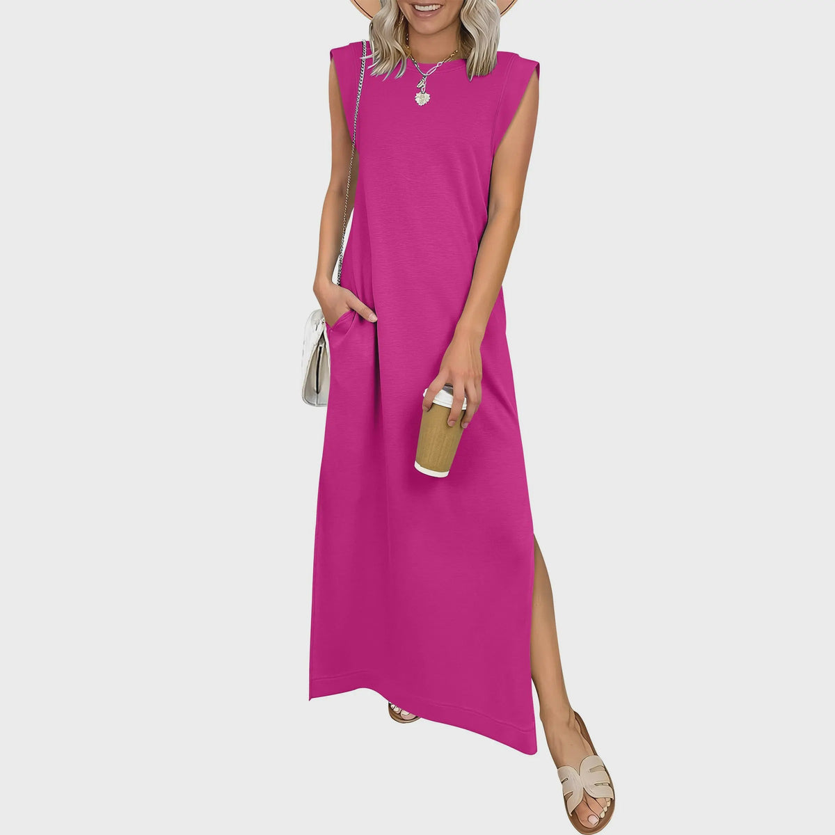 Casual Sleeveless Crew-Neck Maxi Dress