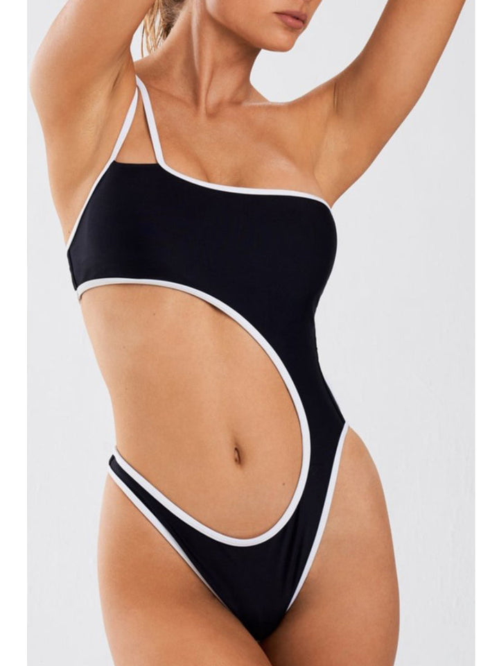One Shoulder Cutout Patchwork Black One-piece Swimsuit