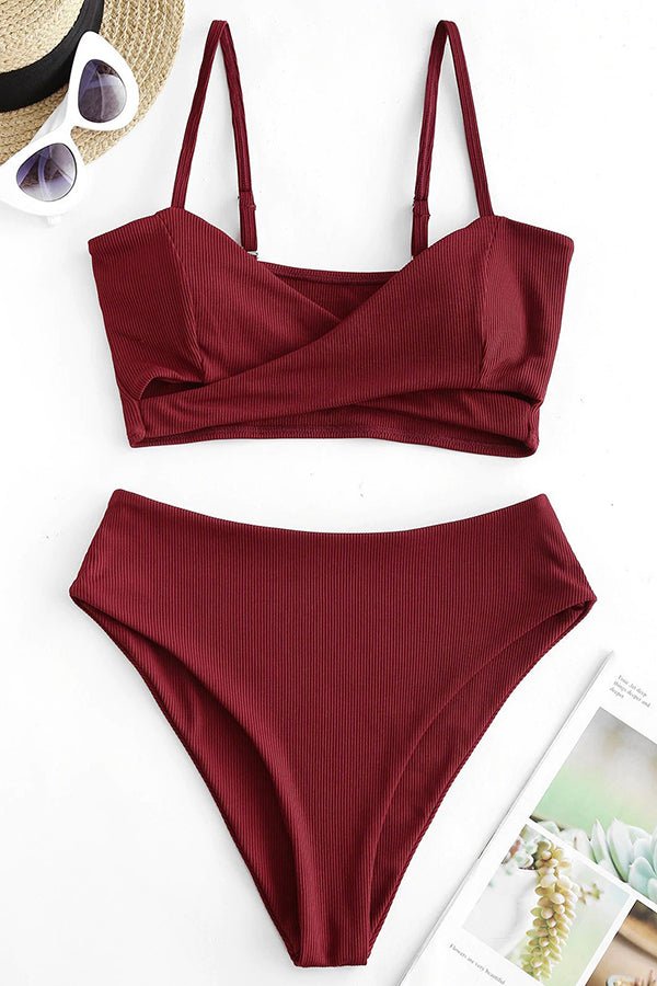 Pit Strip Solid Color Crossover High Waist Bikini