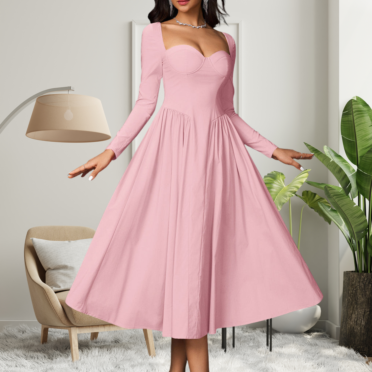 AKILAT - Heart Neckline Long Sleeve A-Line