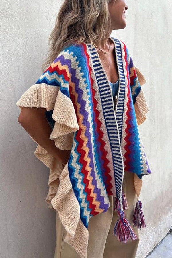 LIA | Ruffled ethnic style knitted cardigan