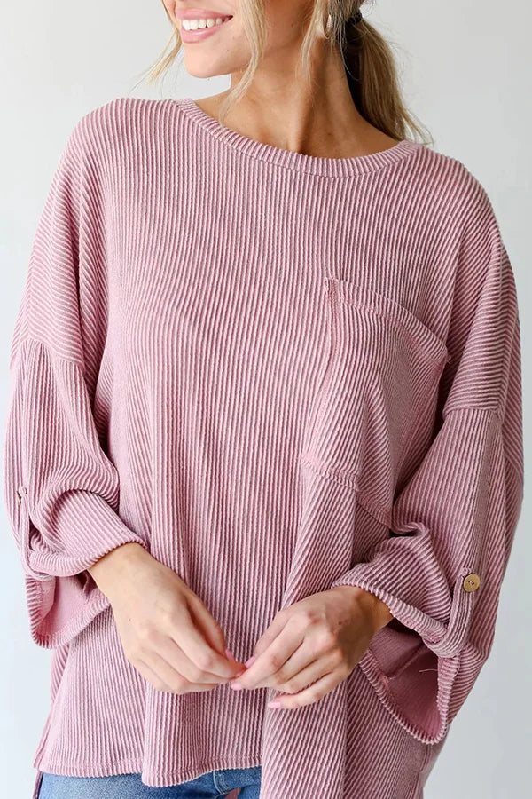 LG Pocket Crew Neck Button Down Long Sleeve Top