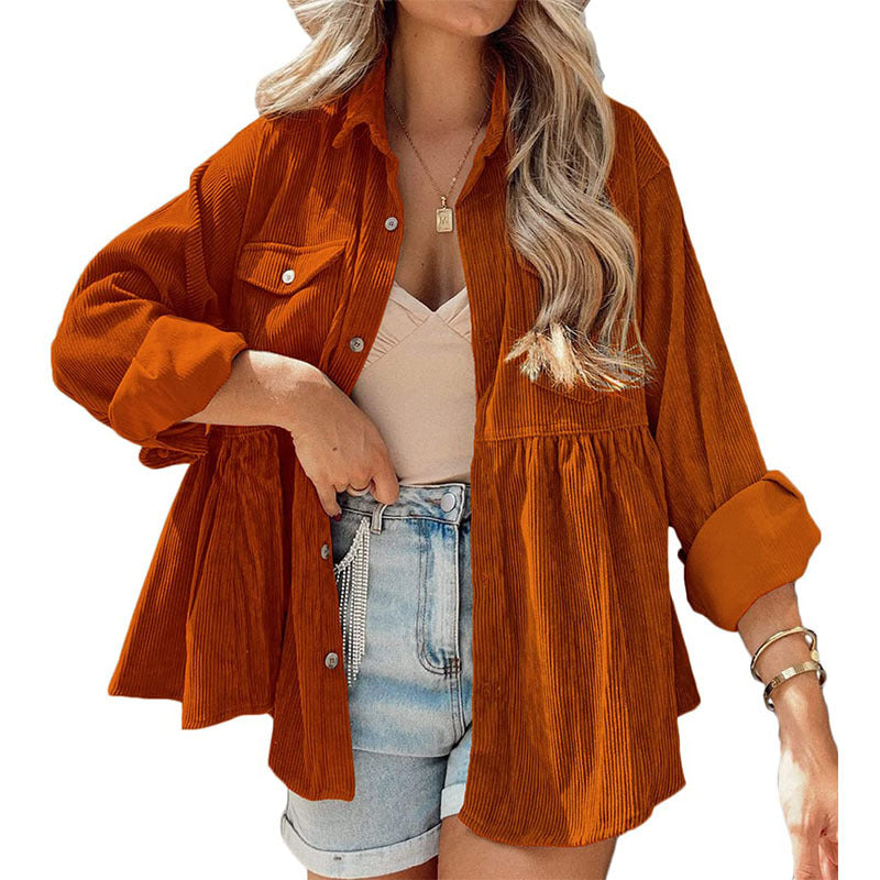 women's long sleeve corduroy ruffled shirt top button down shirt