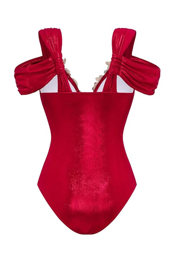 Solid Color Shiny Fabric Deep V Metal Embellished Stretch One-piece Swimsuit